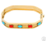 14k Yellow Gold Bracelet with Turquoise and Coral Size XL Fashion Bangle Style 7.5 Inch