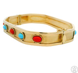 14k Yellow Gold Bracelet with Turquoise and Coral Size XL Fashion Bangle Style 7.5 Inch