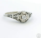 Antique 18k White Gold Filigree Ring with Mine Cut Diamond Size 8.5