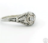 Antique 18k White Gold Filigree Ring with Mine Cut Diamond Size 8.5