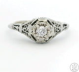 Antique 18k White Gold Filigree Ring with Mine Cut Diamond Size 8.5