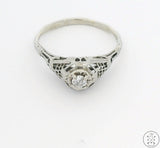 Antique 18k White Gold Filigree Ring with Mine Cut Diamond Size 8.5