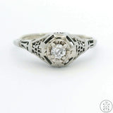 Antique 18k White Gold Filigree Ring with Mine Cut Diamond Size 8.5