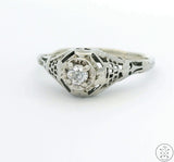 Antique 18k White Gold Filigree Ring with Mine Cut Diamond Size 8.5