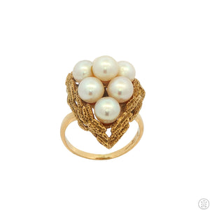 Mikimoto Vintage 14k Yellow Gold Cluster Ring with Pearls Size 7.5