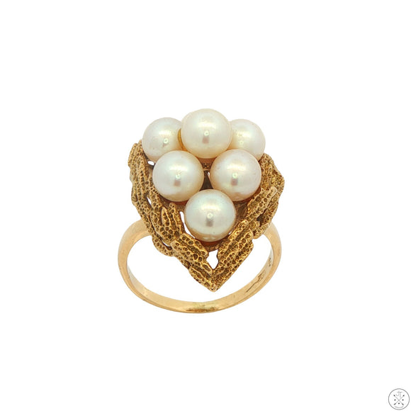 Mikimoto Vintage 14k Yellow Gold Cluster Ring with Pearls Size 7.5