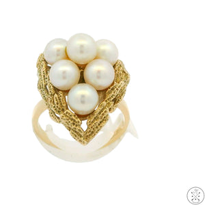 Mikimoto Vintage 14k Yellow Gold Cluster Ring with Pearls Size 7.5