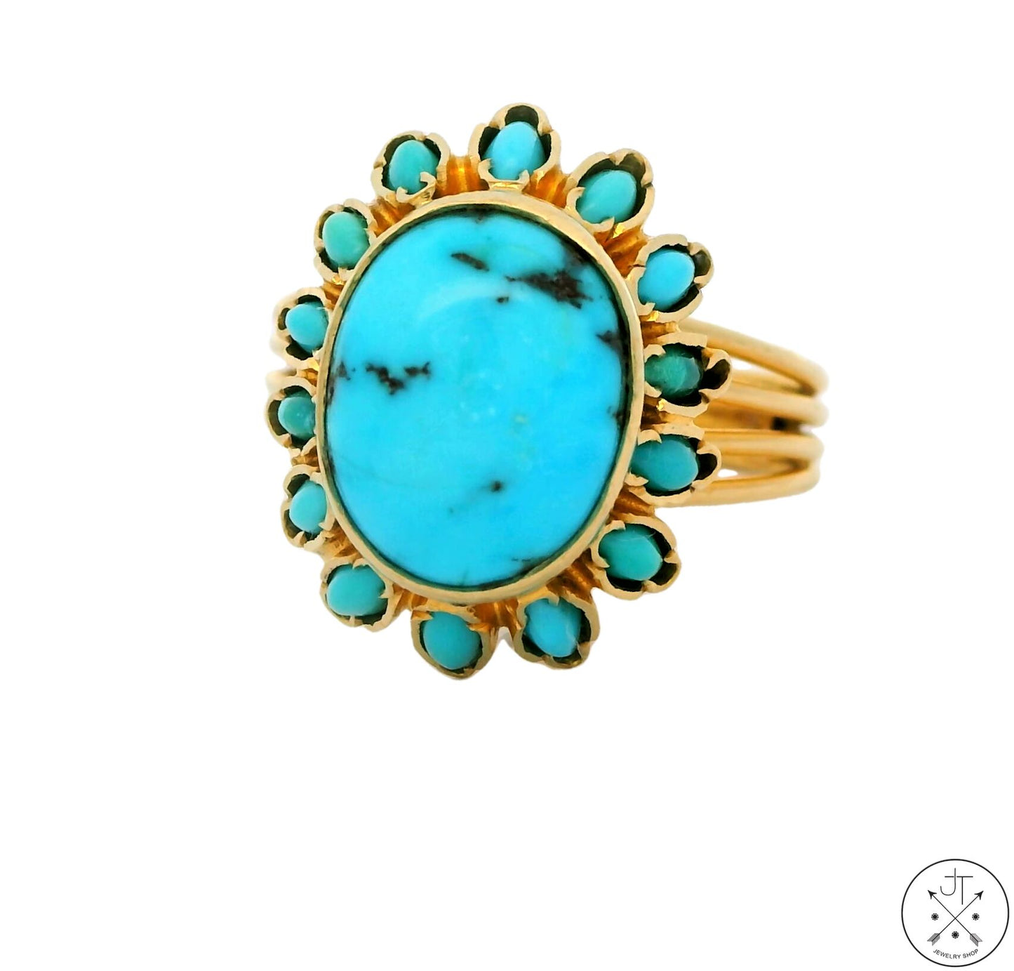 Vintage 18k Yellow Gold Statement Ring with Turquoise Size 7.25 Custom