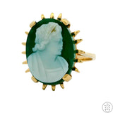 Vintage 14k Yellow Gold Green Agate Hardstone Cameo Ring Size 5.75 Estate