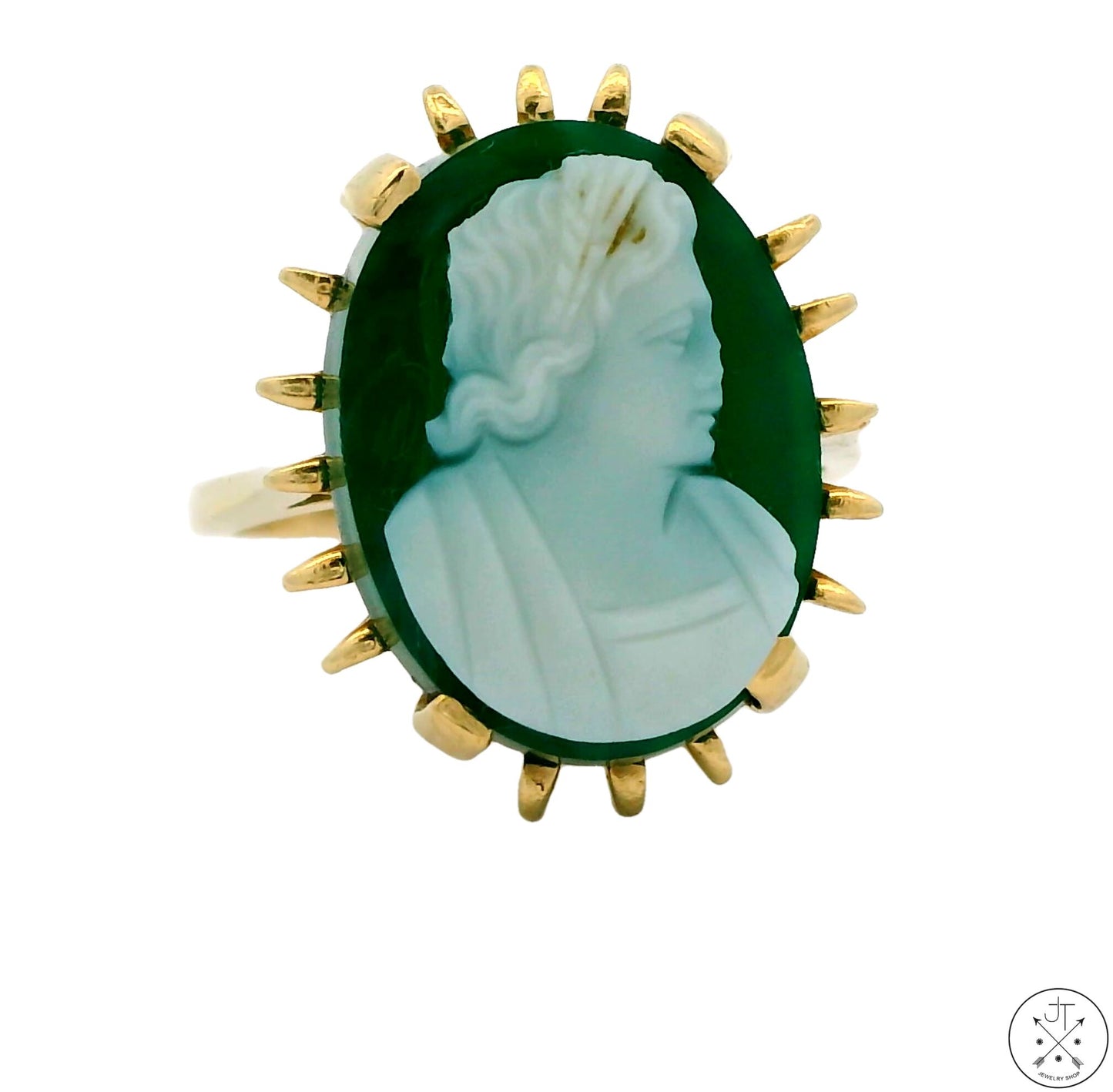 Vintage 14k Yellow Gold Green Agate Hardstone Cameo Ring Size 5.75 Estate