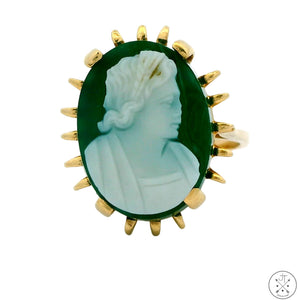 Vintage 14k Yellow Gold Green Agate Hardstone Cameo Ring Size 5.75 Estate