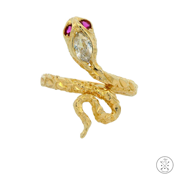 14k Yellow Gold Snake Ring with Pink Spinel and CZ Size 10.75 Band