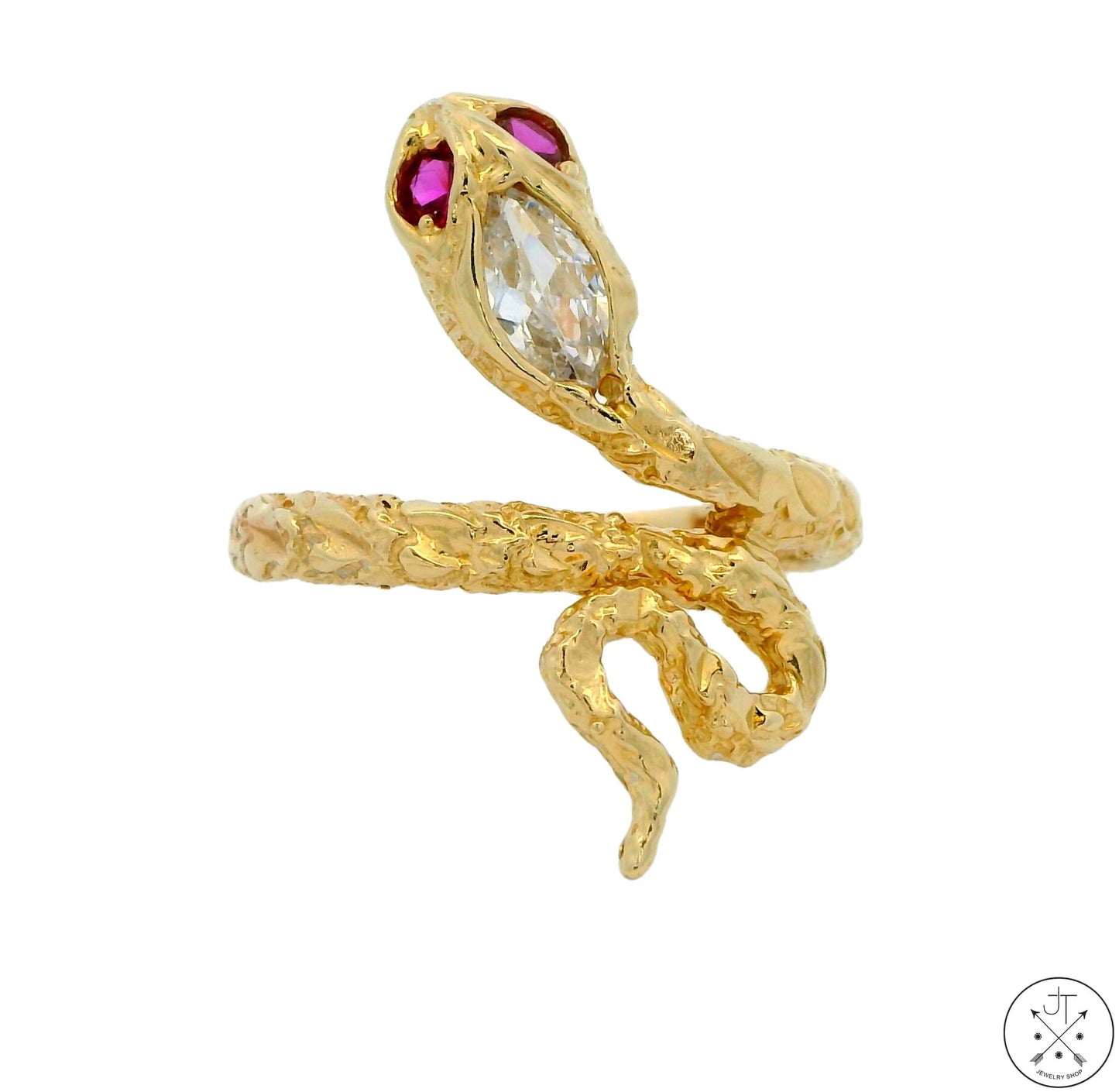 14k Yellow Gold Snake Ring with Pink Spinel and CZ Size 10.75 Band