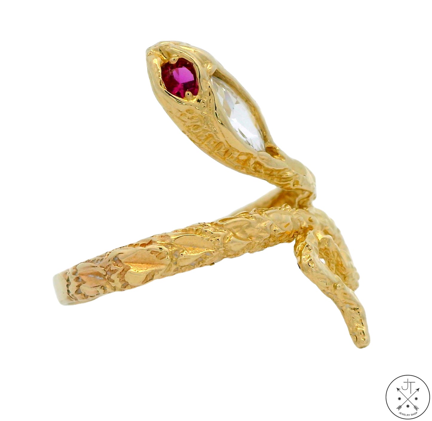 14k Yellow Gold Snake Ring with Pink Spinel and CZ Size 10.75 Band