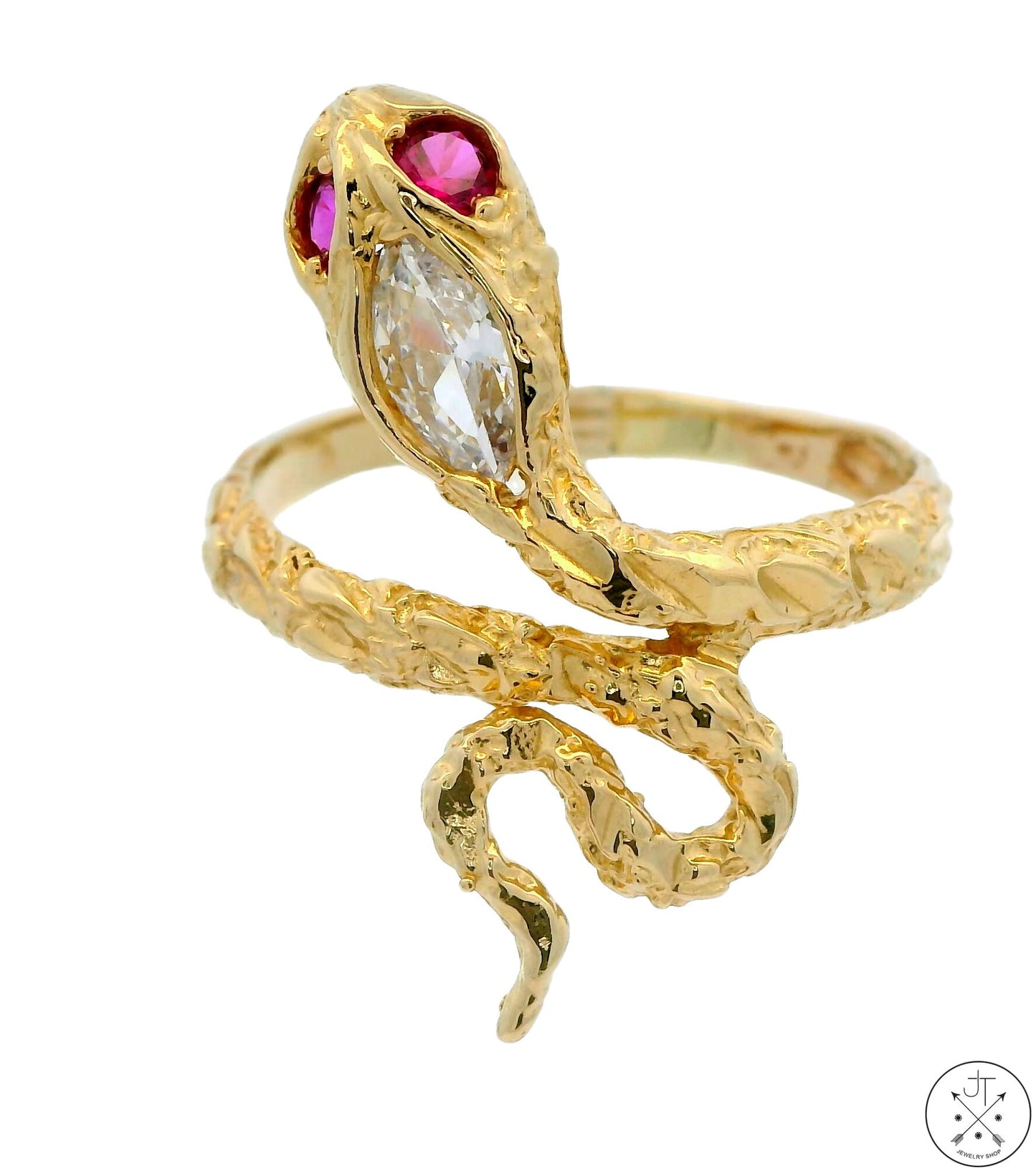 14k Yellow Gold Snake Ring with Pink Spinel and CZ Size 10.75 Band