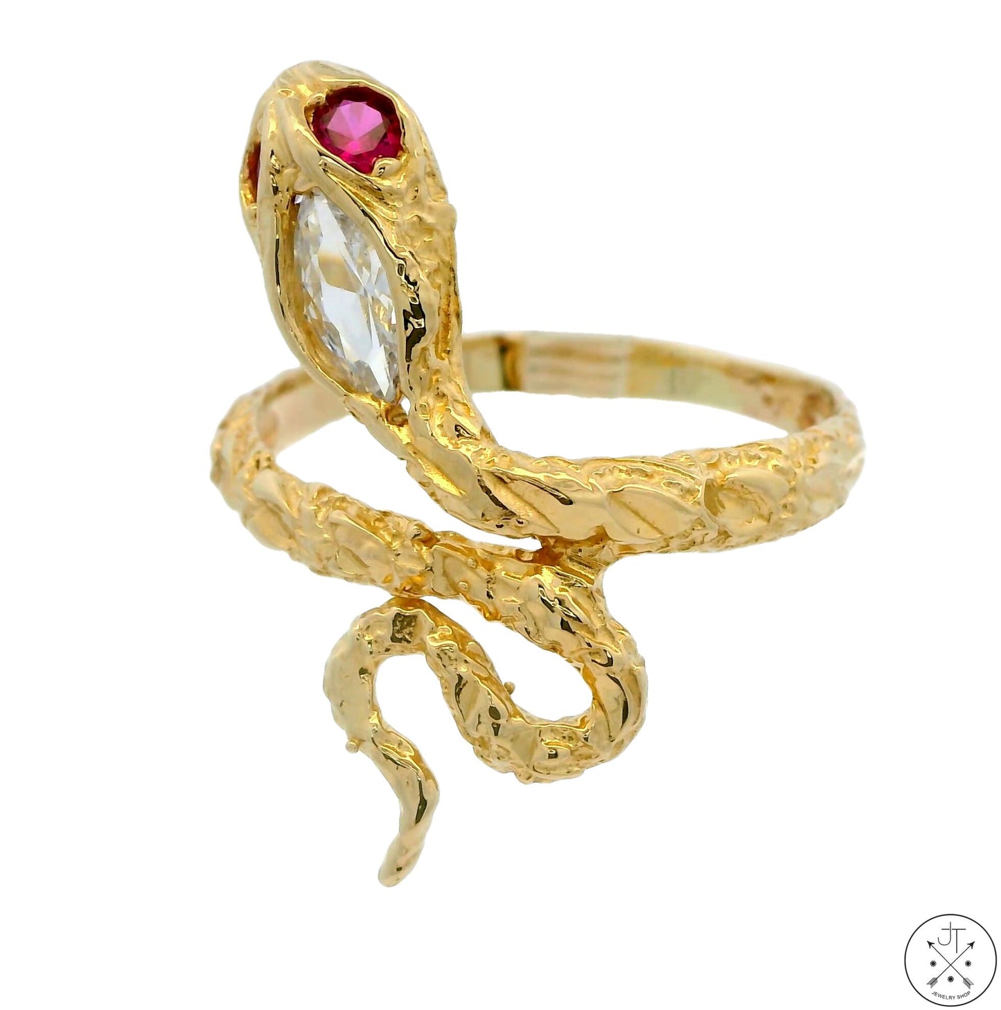 14k Yellow Gold Snake Ring with Pink Spinel and CZ Size 10.75 Band