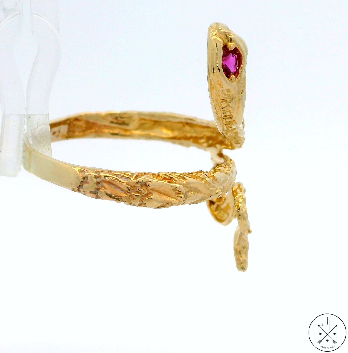 14k Yellow Gold Snake Ring with Pink Spinel and CZ Size 10.75 Band