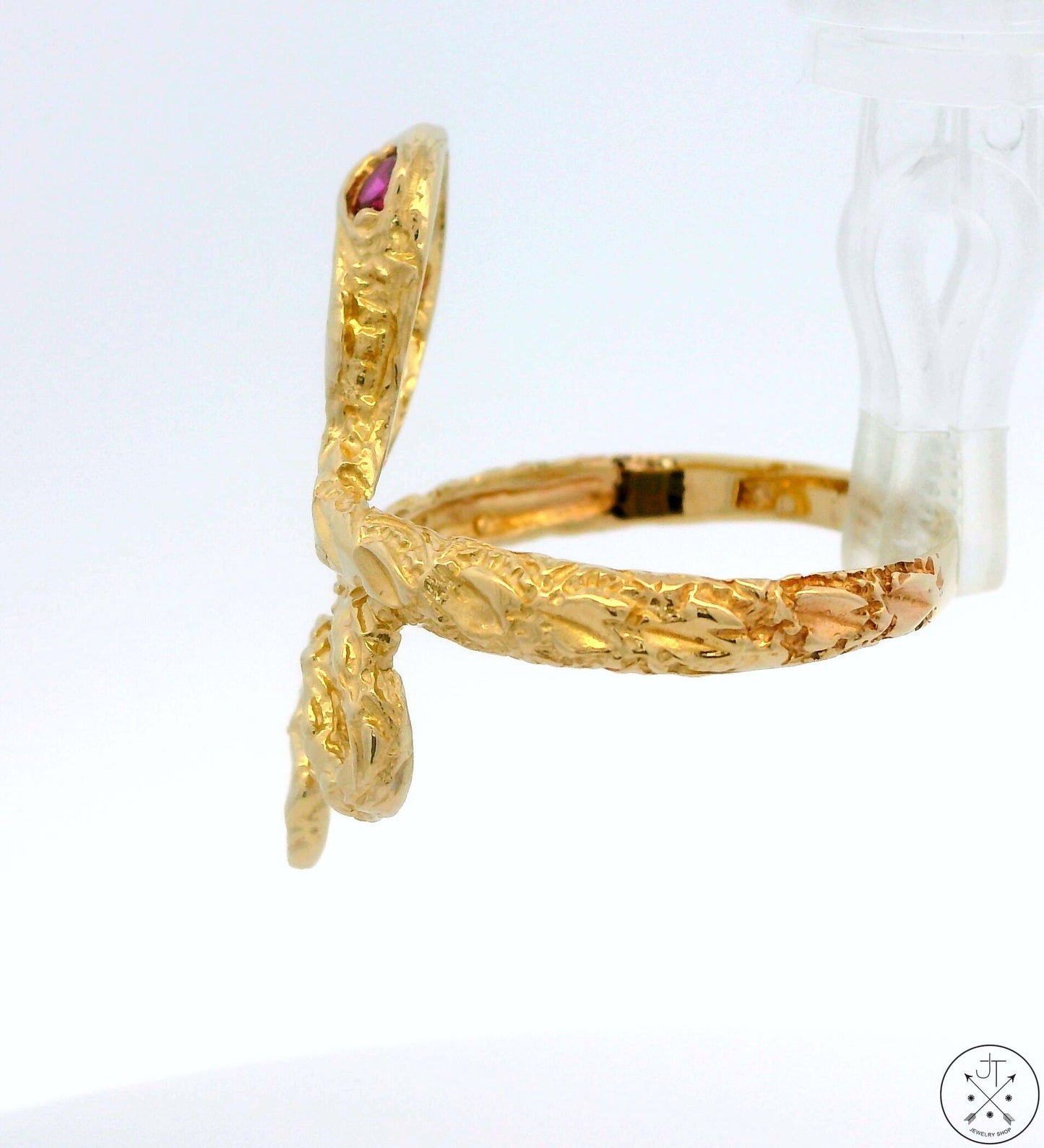 14k Yellow Gold Snake Ring with Pink Spinel and CZ Size 10.75 Band