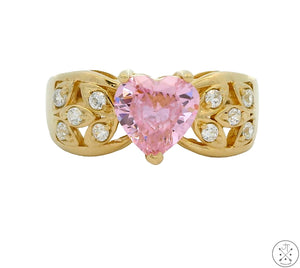 New 14k Yellow Gold Fashion Ring with Pink Heart Cubic Zirconia Size 9 Korea