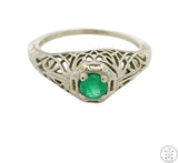 Antique 14k White Gold Filigree Ring with Emerald Size 4