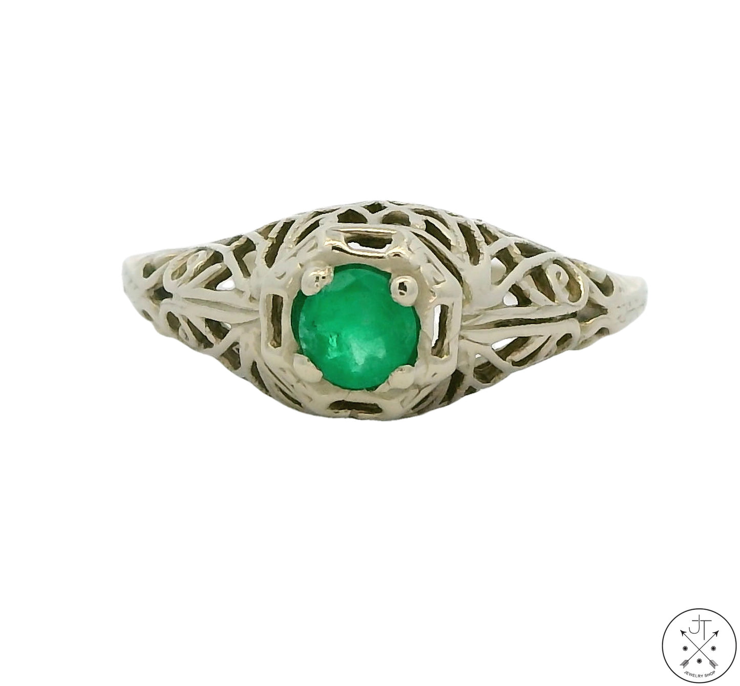 Antique 14k White Gold Filigree Ring with Emerald Size 4