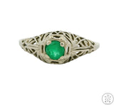 Antique 14k White Gold Filigree Ring with Emerald Size 4