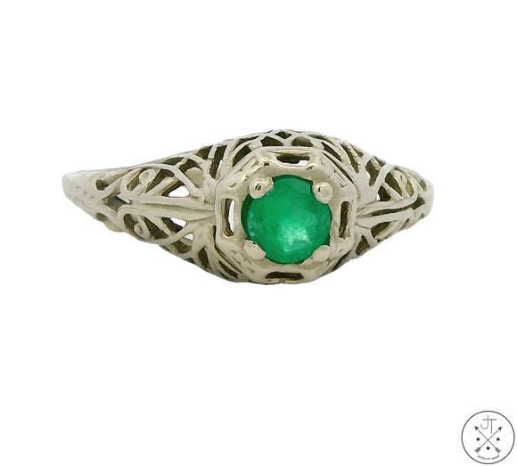 Antique 14k White Gold Filigree Ring with Emerald Size 4