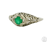 Antique 14k White Gold Filigree Ring with Emerald Size 4