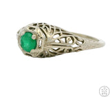 Antique 14k White Gold Filigree Ring with Emerald Size 4