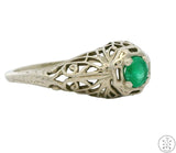 Antique 14k White Gold Filigree Ring with Emerald Size 4