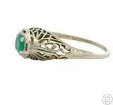 Antique 14k White Gold Filigree Ring with Emerald Size 4