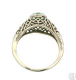 Antique 14k White Gold Filigree Ring with Emerald Size 4