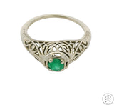 Antique 14k White Gold Filigree Ring with Emerald Size 4