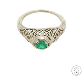 Antique 14k White Gold Filigree Ring with Emerald Size 4