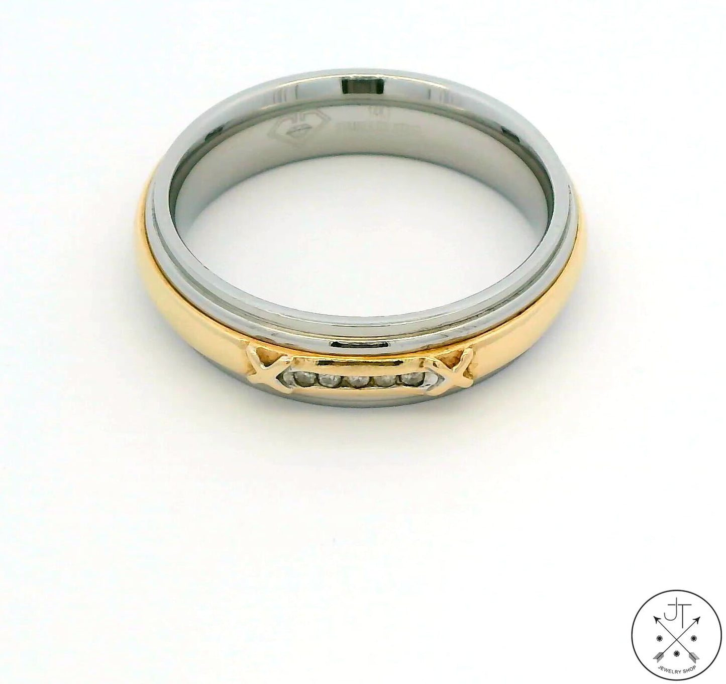 14k Yellow Gold and Stainless Steel Mens Wedding Band 6.6 mm with Diamonds Size 12