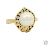 14k Yellow Gold Ring with Pearl and 1/2 ctw Diamonds Size 7.5