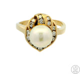 14k Yellow Gold Ring with Pearl and 1/2 ctw Diamonds Size 7.5