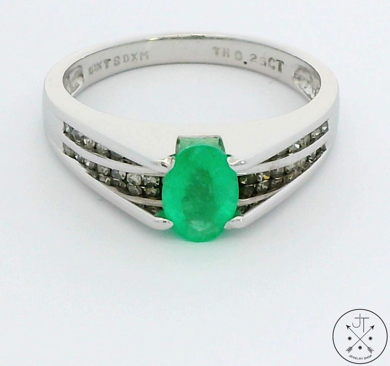 Custom New 10k White Gold Ring Natural Emerald and Diamonds Size 8 Solitaire