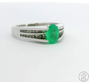 Custom New 10k White Gold Engagement Ring with Emerald and Diamond Size 8