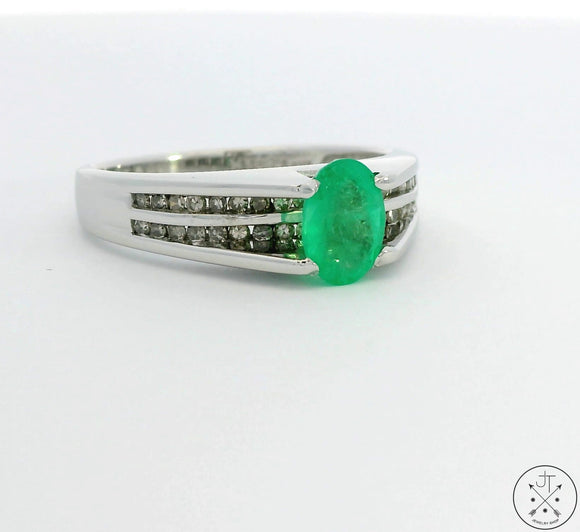 Custom New 10k White Gold Engagement Ring with Emerald and Diamond Size 8