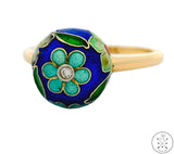 Vintage 14k Yellow Gold Enamel Ring with Diamond Size 7.25 Flower Deco