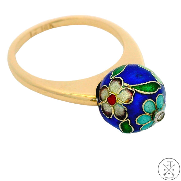 Vintage 14k Yellow Gold Enamel Ring with Diamond Size 7.25 Flower Deco