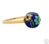 Vintage 14k Yellow Gold Enamel Ring with Diamond Size 7.25 Flower Deco