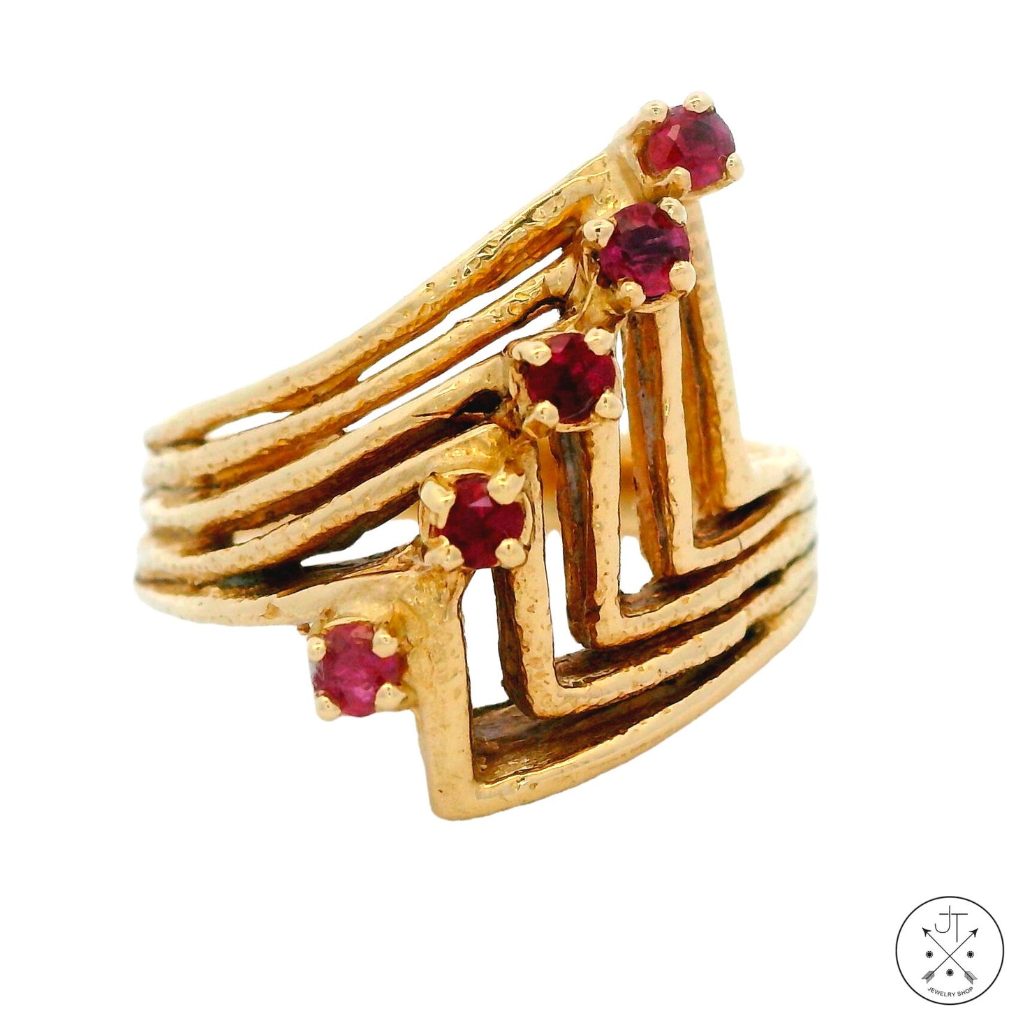 1970s Style 14k Yellow Gold Ring with Pink Sapphires Size 5.75