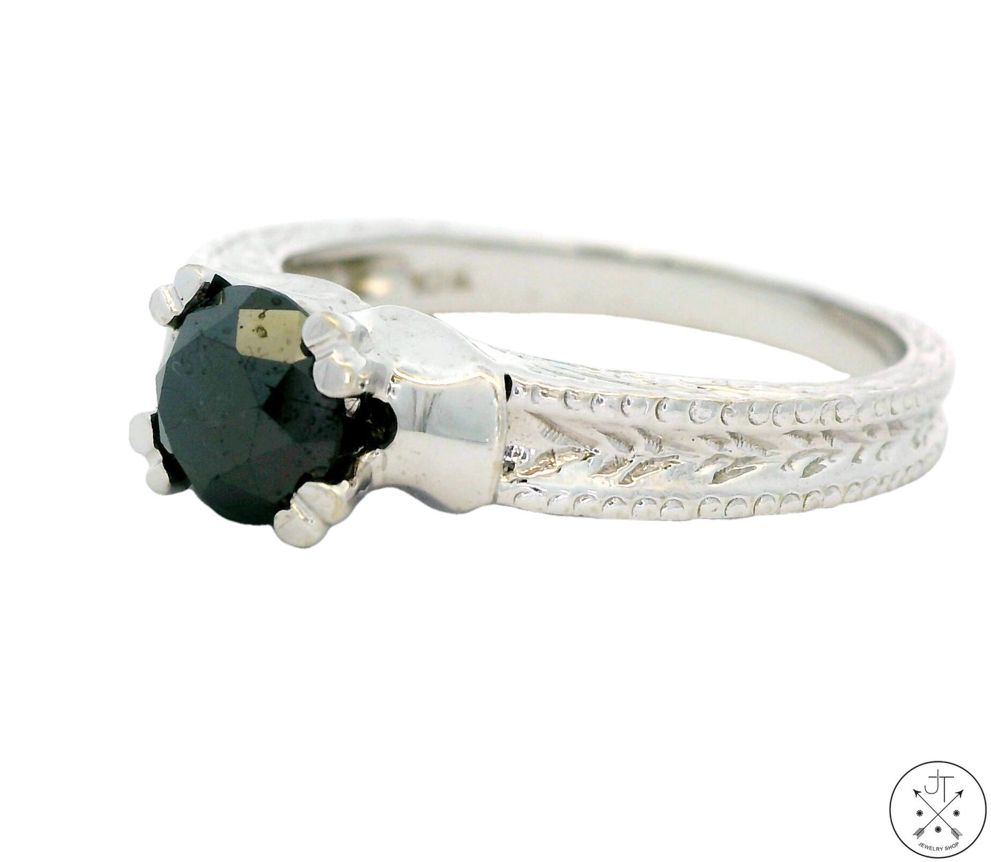 10k White Gold Engagement Ring with Black Moissanite Size 7 Deco Style