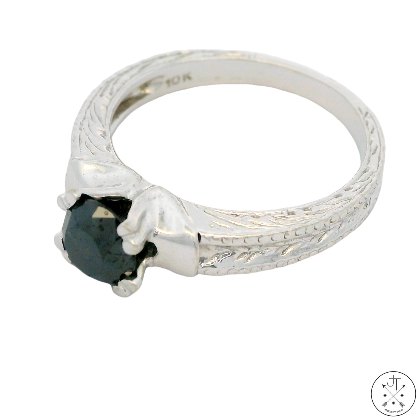 10k White Gold Engagement Ring with Black Moissanite Size 7 Deco Style