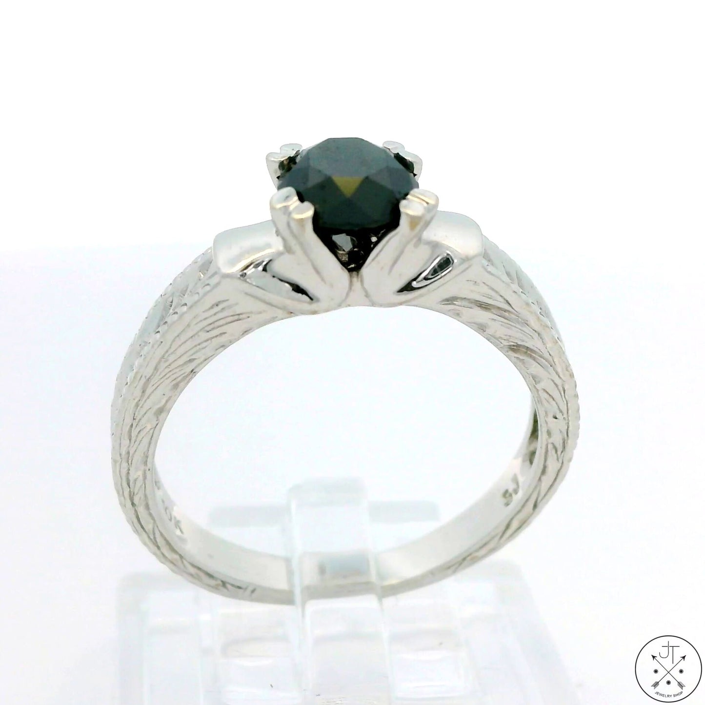 10k White Gold Engagement Ring with Black Moissanite Size 7 Deco Style