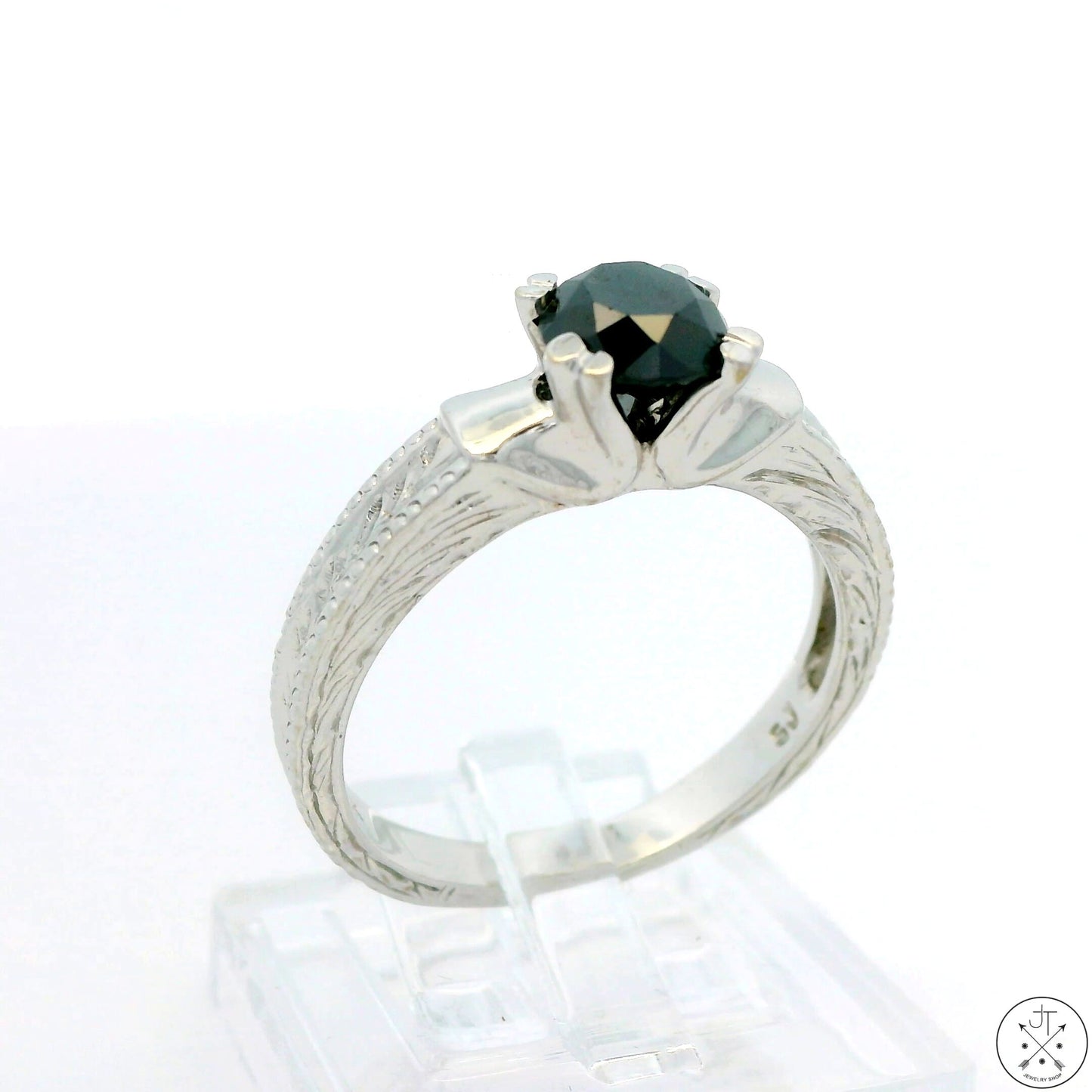 10k White Gold Engagement Ring with Black Moissanite Size 7 Deco Style