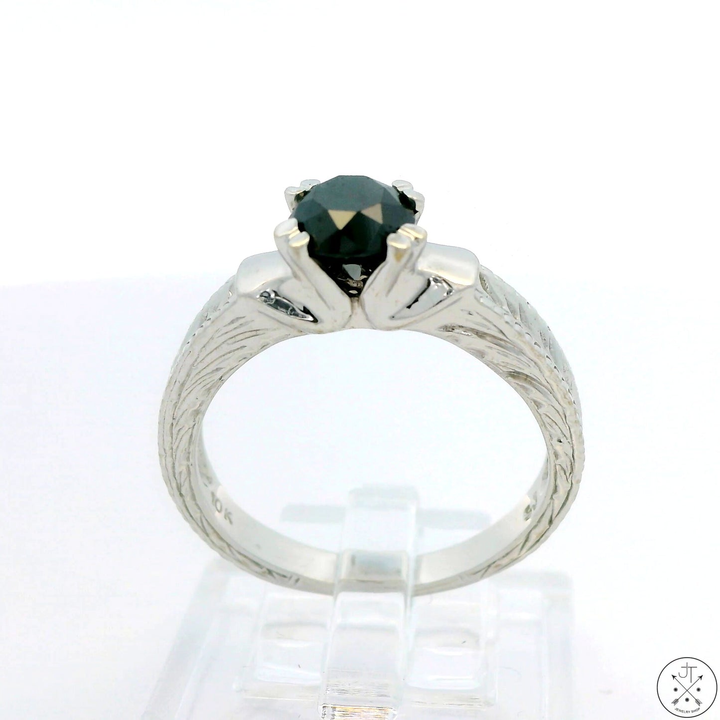 10k White Gold Engagement Ring with Black Moissanite Size 7 Deco Style