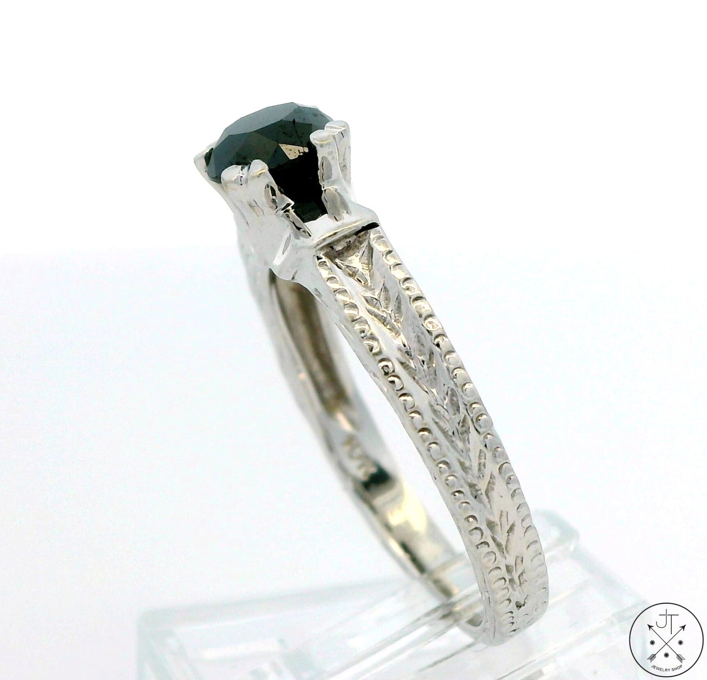 10k White Gold Engagement Ring with Black Moissanite Size 7 Deco Style